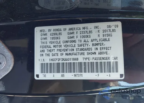 2010 Honda Accord 2.4 Lx from USA, damaged, VIN 1HGCP2F3XAA011848